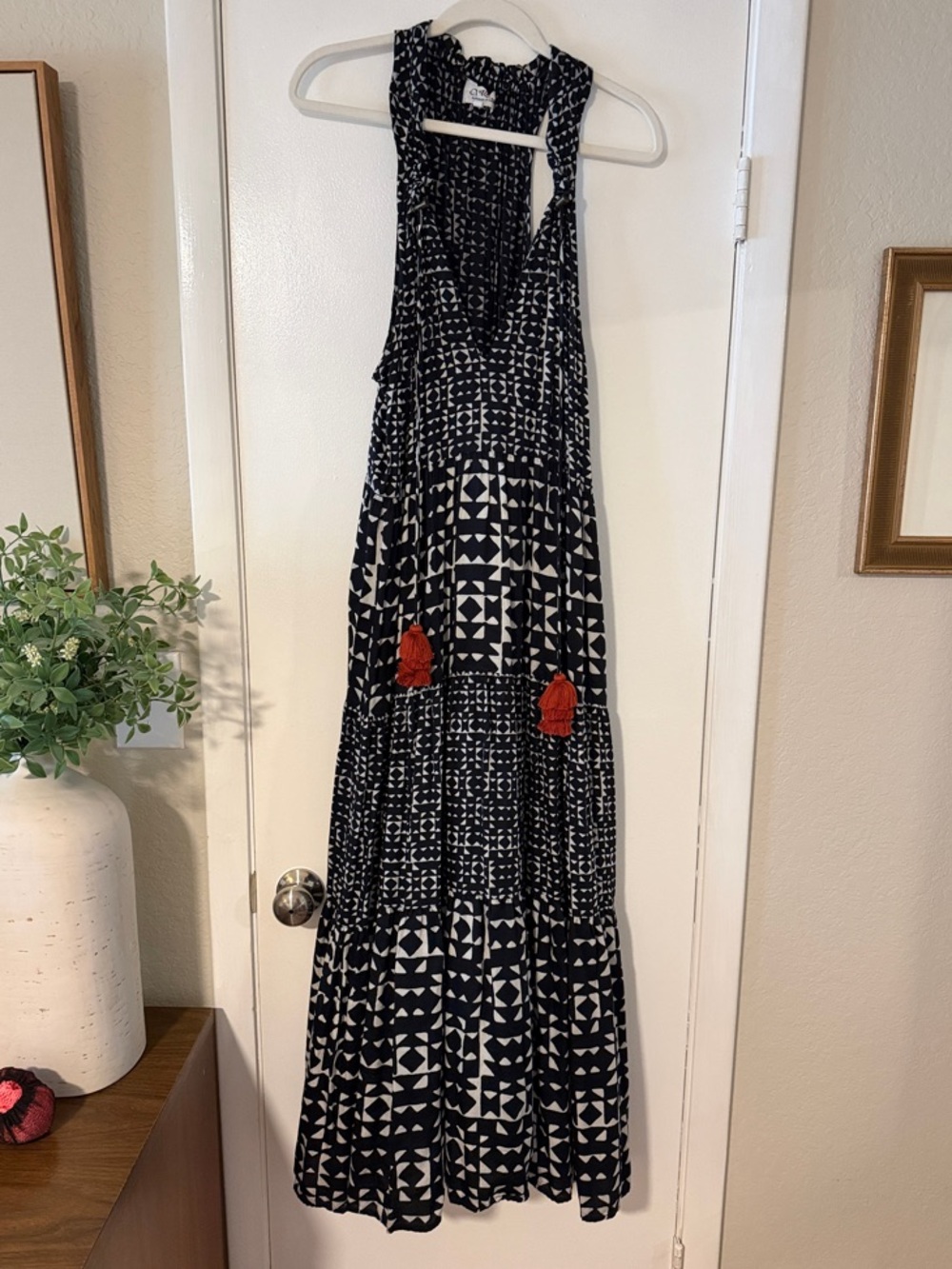 Black & White Geometric Maxi Dress with Red Tassel Accents